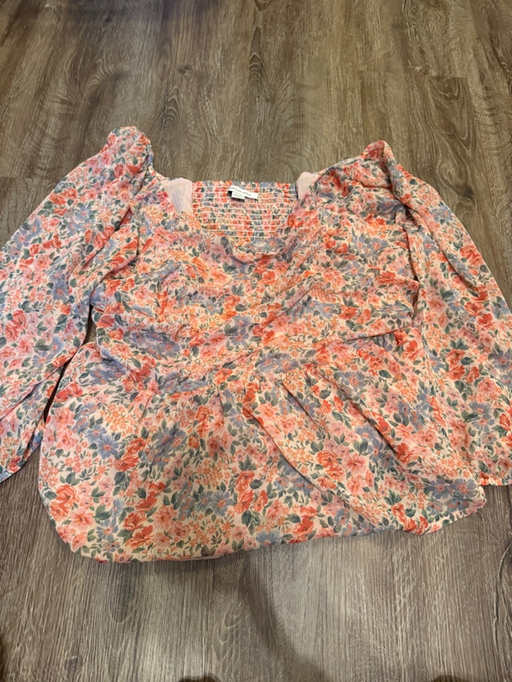 American Eagle Outfitters Coral Pink and Blue Floral Peplum Blouse